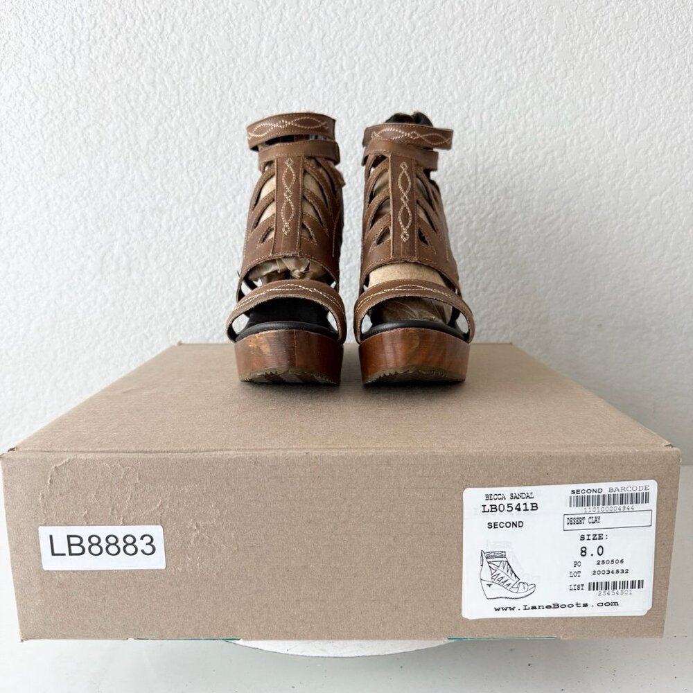 Lane Becca Leather Wedge Sandals Womens 8 Desert Clay Western Cutout Wooden Heel - Picture 10 of 12